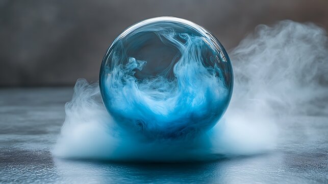 Mystical Glass Sphere: A mesmerizing glass sphere filled with swirling blue liquid rests on a cloud of ethereal smoke, creating an enigmatic and dreamlike atmosphere.