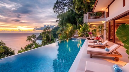 Obraz premium luxury villa infinity pool sunset ocean view - luxury travel