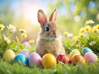 Fototapeta premium Easter Bunny and Colorful Eggs on Spring Meadow - Copy Space Left