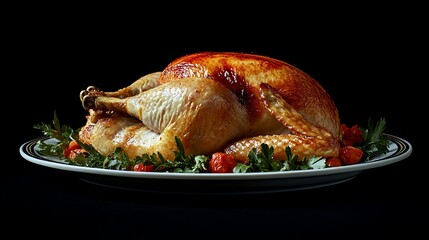 Fototapeta premium Roasted Turkey on Elegant Silver Platter Against Dark Background - Perfect for Holiday Feast or Thanksgiving Dinner