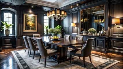 Fototapeta premium Elegant Black Dining Room Interior Design Stock Photo - Sophisticated Decor