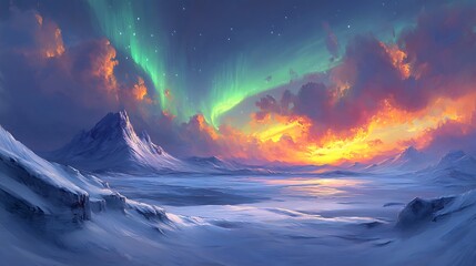 Fototapeta premium Aurora Borealis Over Snowy Peaks: A vibrant and breathtaking panorama captures the celestial wonder of the Northern Lights dancing across the night sky.