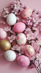 Obraz premium Bunch of eggs with flowers painted on them are on a pink background