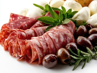Salami, Olives, and Mozzarella Platter: A close-up shot of a gourmet charcuterie board, featuring thinly sliced salami, plump olives, and fresh mozzarella, garnished with sprigs of rosemary and basil.
