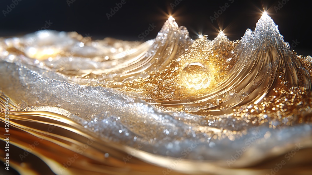 Poster golden waves abstract: a shimmering abstract landscape composed of flowing, luminous gold and white 