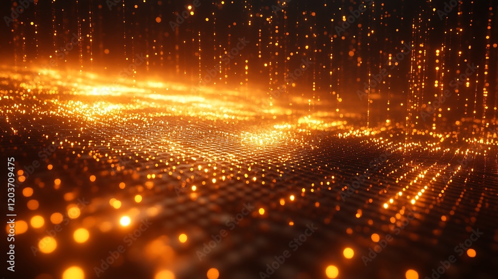 Poster golden data stream: a mesmerizing abstract visualization of data flow, depicted as a radiant cascade