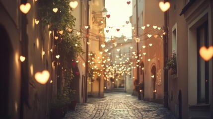 Obraz premium Romantic Evening in a Charming Cobblestone Street with Heart-Shaped Lights.