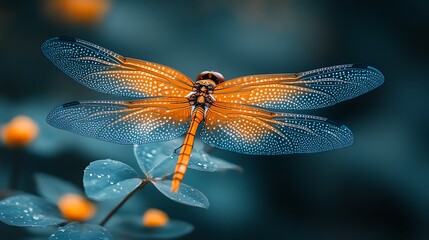 Naklejka premium Dragonfly on Green Leaf: An intricate and vibrant dragonfly, with its translucent orange wings, perches gracefully on a delicate green leaf, bathed in the soft glow of the natural light.