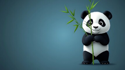 Panda Cub with Bamboo:  A playful and adorable panda cub stands holding a stalk of bamboo against a minimalist blue backdrop, embodying the spirit of pure innocence and gentle strength.  