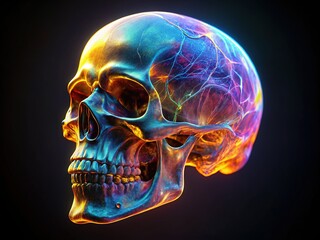 Glowing Holographic Human Skull: 3D Bone Structure Anatomy