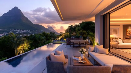 Fototapeta premium luxury villa sunset, mauritius infinity pool - luxury travel