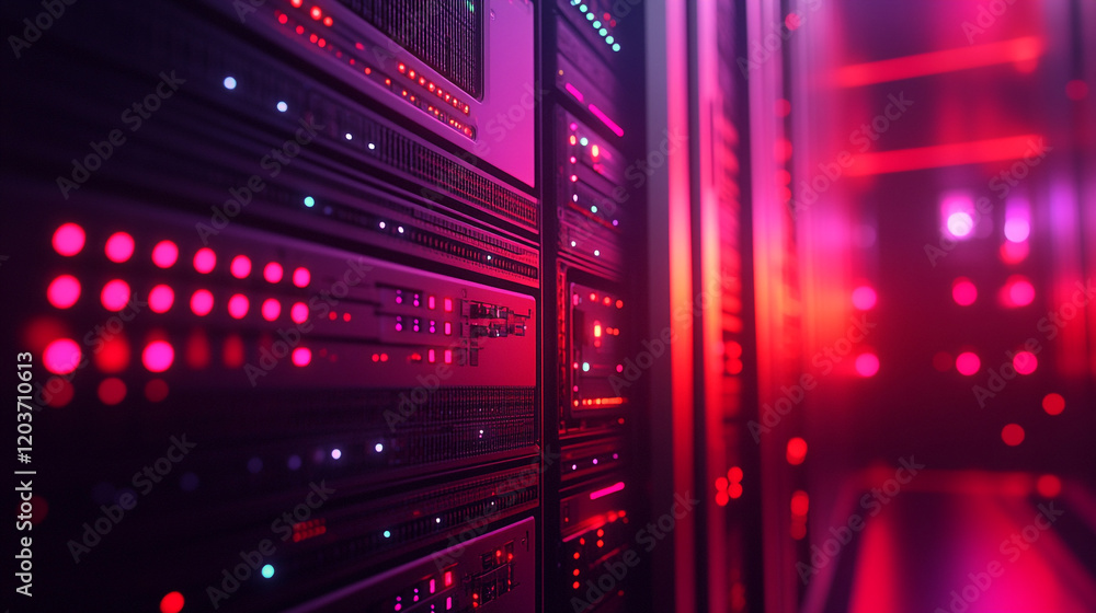 Poster data center infrastructure illuminated with vibrant lights showcasing advanced technology
