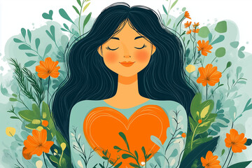 Happy woman hugging herself. Positive lady expressing self love and care. Vector illustration for love yourself, body positive, confidence concept	