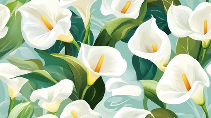 Mini white calla lilies pattern, intricate design of delicate blooms on a soft background, ideal for textiles or wallpapers