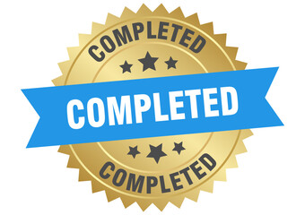 completed. completed round blue and gold label isolated on transparent background