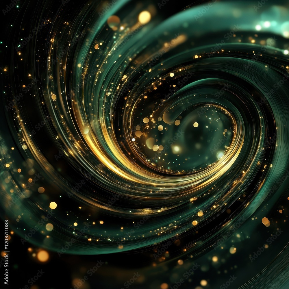 Poster abstract emerald swirl with golden bokeh lights on dark background.