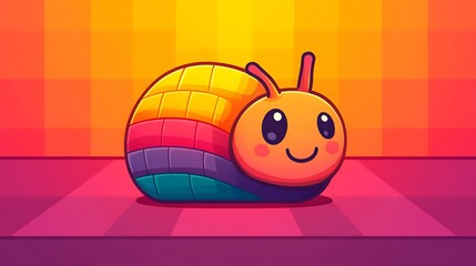 Naklejka premium Rainbow Caterpillar: A cheerful, rainbow-colored caterpillar with big, expressive eyes sits on a vibrant pink surface against a warm orange background.