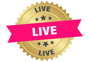 live. live round pink and gold label isolated on transparent background
