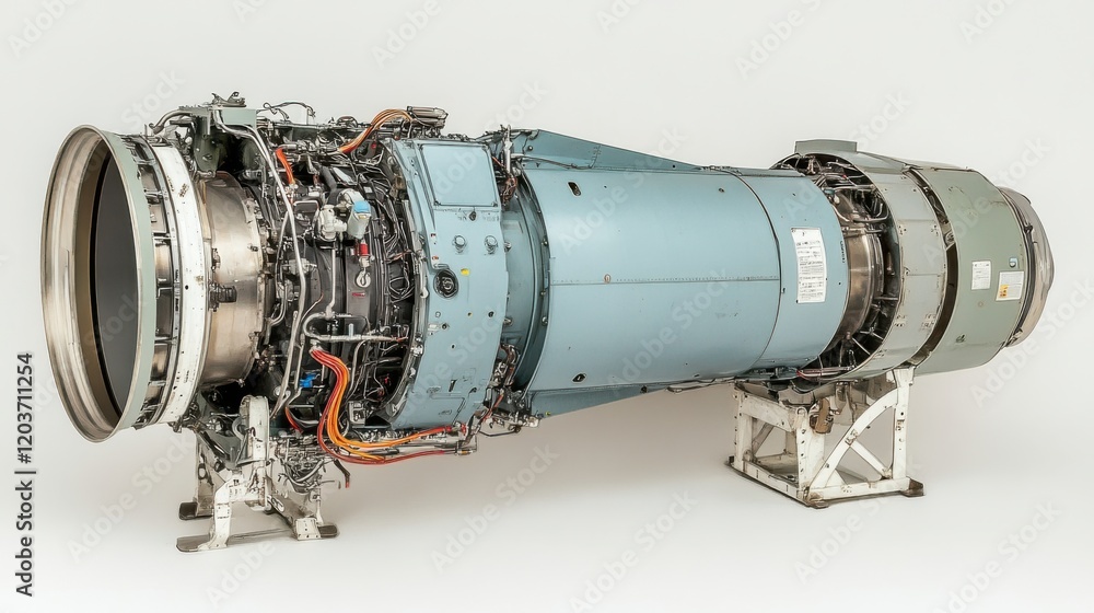 Poster detailed view of a jet engine showcasing intricate components and engineering design