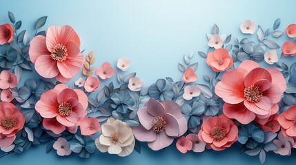 3D Watercolor A vibrant arrangement of delicate flowers and lush leaves set against a soothing blue backdrop, perfect for enhancing any design.