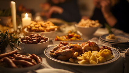 Naklejka premium Beautifully Set Holiday Table with Traditional Dishes and Festive Decor for a Cozy Seasonal Celebration
