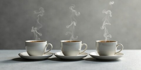 Fototapeta premium Three steaming cups of coffee on saucers, arranged in a row on a gray surface, a simple yet elegant still life composition.