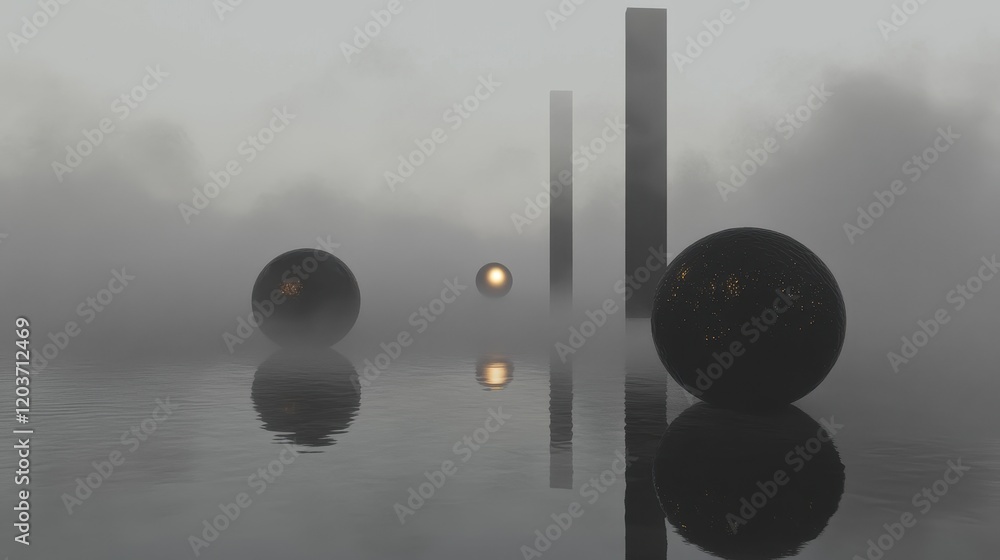 Poster mysterious foggy scene with glowing spheres and rectangular pillars reflecting on water.