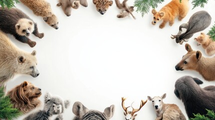 Obraz premium A diverse collection of adorable animals gathered in a circular arrangement with greenery