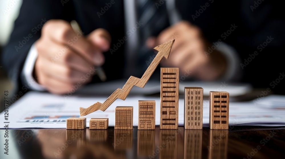 Aufkleber wooden blocks representing growth and success in business with charts and documents in background