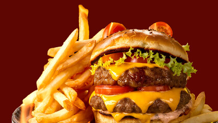 Delicious & Tasty Burger Isolated on Light Red Background Fresh Hamburger Fast Food With Beef Cheese