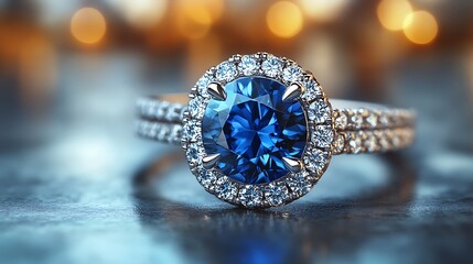Fototapeta premium Sapphire Engagement Ring: A breathtaking sapphire engagement ring sparkles with intricate details.