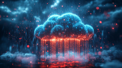 Obraz premium Colorful digital cloud with vibrant rain and glowing particles at night