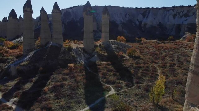 Aerial view of Cappadocia, turkey captured by drone pink valley of love.