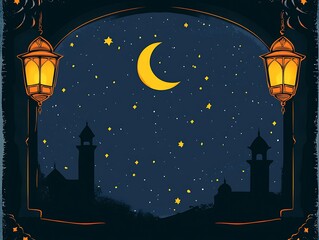 Night Scene with Crescent Moon Lanterns and Mosque Silhouettes