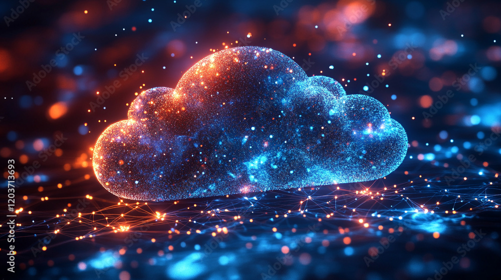 Poster digital cloud with glowing particles in a futuristic setting at night