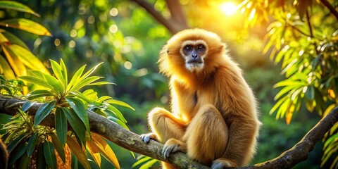 Fototapeta premium Golden Gibbon Perched on Tree Branch, Panoramic Wildlife Photography