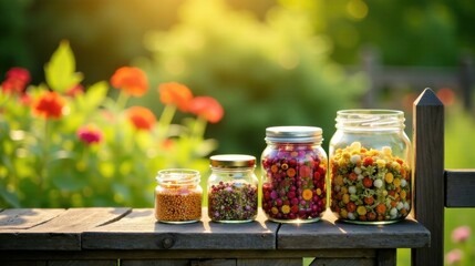 Sunlit Jars of Dried Flower Blossoms and Seeds on Rustic Wooden Fence