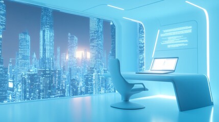 A Modern office with large window showcasing cityscape at sunrise, symbolizing corporate optimism and future potential, featuring minimalist design with sleek desk, chair, and glowing laptop screen.	