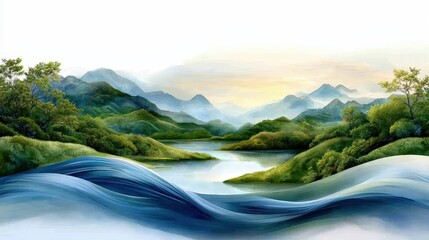A serene painting depicting a tranquil landscape with fluid strokes of blue and green, evoking a sense of calmness and harmony