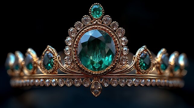 Emerald Crown: A dazzling emerald gemstone, set in a gold crown, glistens with intricate detail and captivating brilliance. The crown is embellished with smaller emeralds and diamonds.