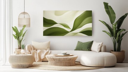 Modern Living Room with Green Art and Natural Decor Elements