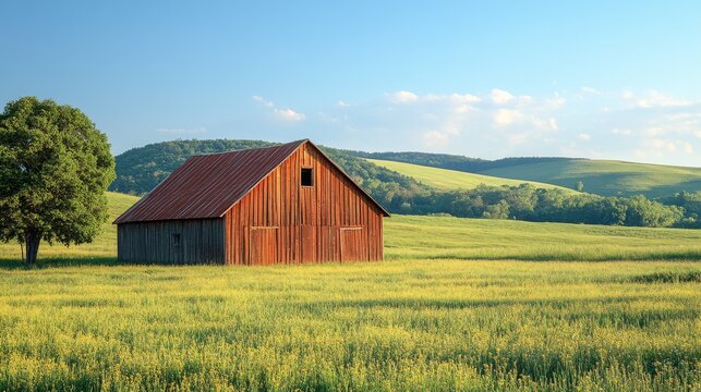 Scenic countryside view of a rustic barn nestled in a vibrant green field with rolling hills and a clear blue sky