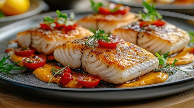 Pan-seared cod with cherry tomatoes and creamy sauces.