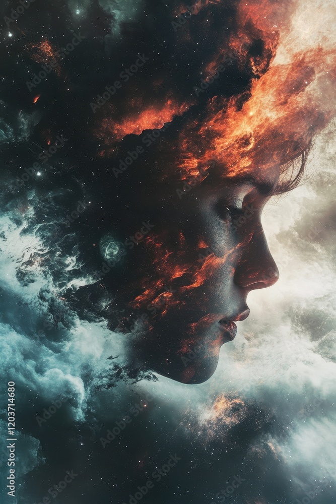 Poster cosmic profile abstract portrait of a woman merging with nebula and space.