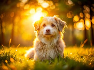 Golden Hour Puppy: Adorable Dog in Warm Sunlight - Stock Photo