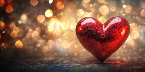 A shiny red heart with a blurred background of lights, symbolizing love and romance for Valentine's Day