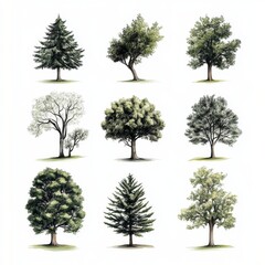 Obraz premium Diverse Tree Illustrations Featuring Varied Types and Styles
