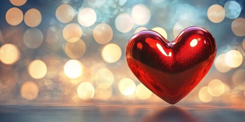 A shiny red heart with a blurred background of lights, symbolizing love and romance for Valentine's Day