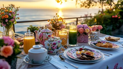Naklejka premium romantic sunset breakfast ocean view - sunrise/sunset scenes: the g.
