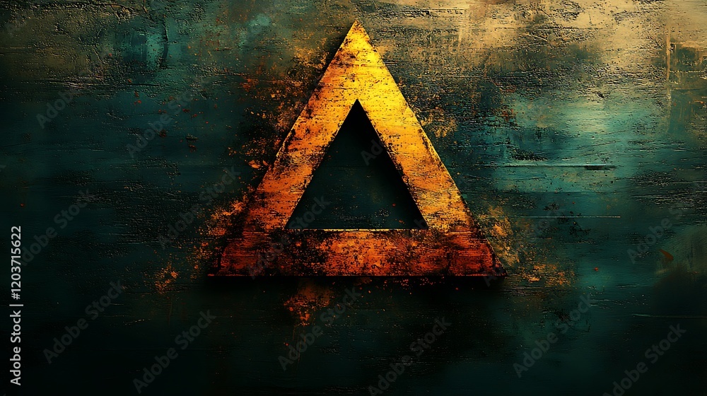 Poster rusty triangle on dark background: a textured, golden triangle with a dark, rusty metallic appearanc